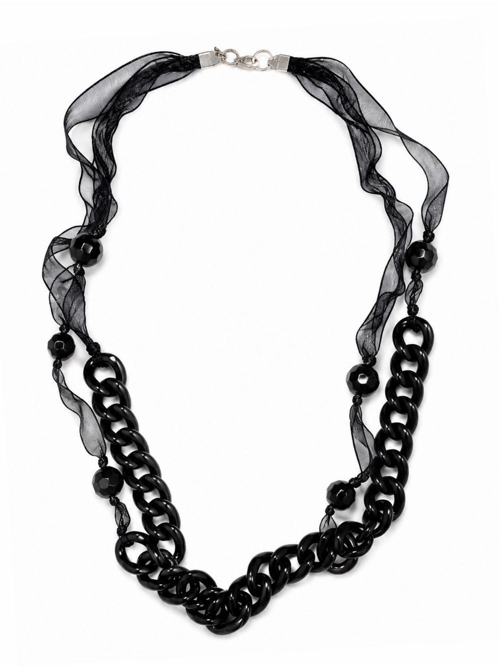 Black Chunky Chain Organza Ribbon Statement Necklace Faceted Beads Layered Glam